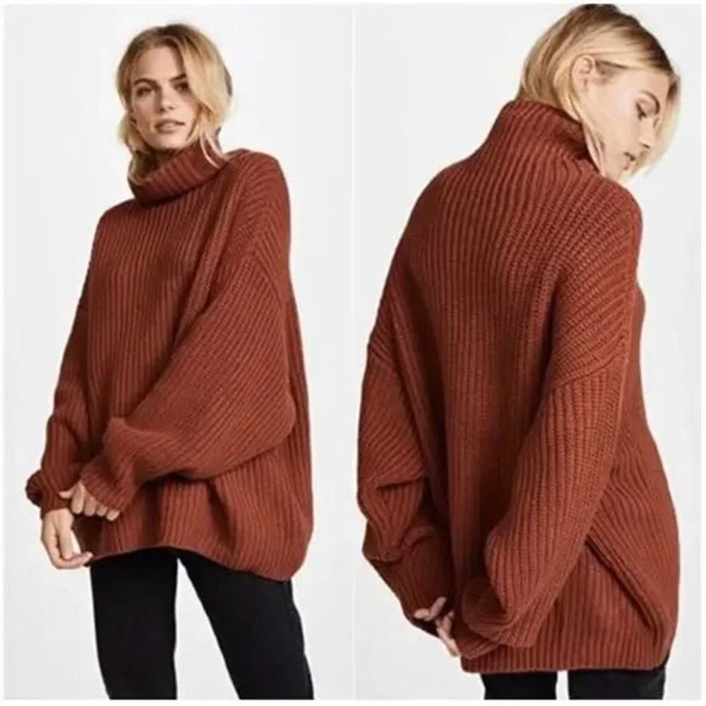 Free People Rust Swim Too Deep Oversized Cotton Blend Knit Turtleneck Sweater - Picture 2 of 12